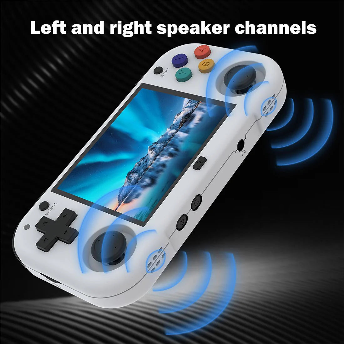 Handheld gaming console with screen displaying a feather and text 'Left and right speaker channels' on a dark background.