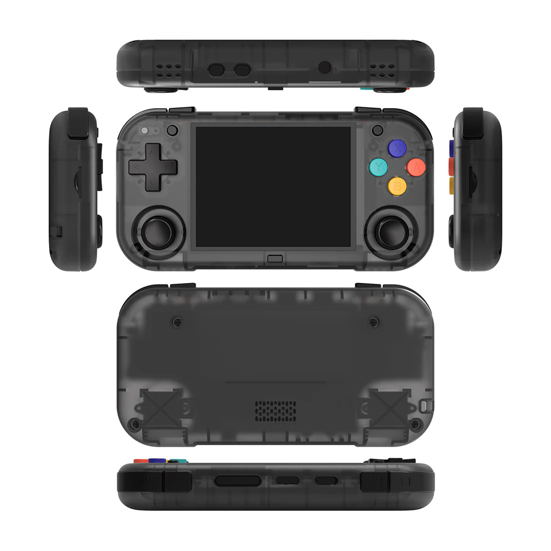 Black handheld gaming console with multiple views on a white background
