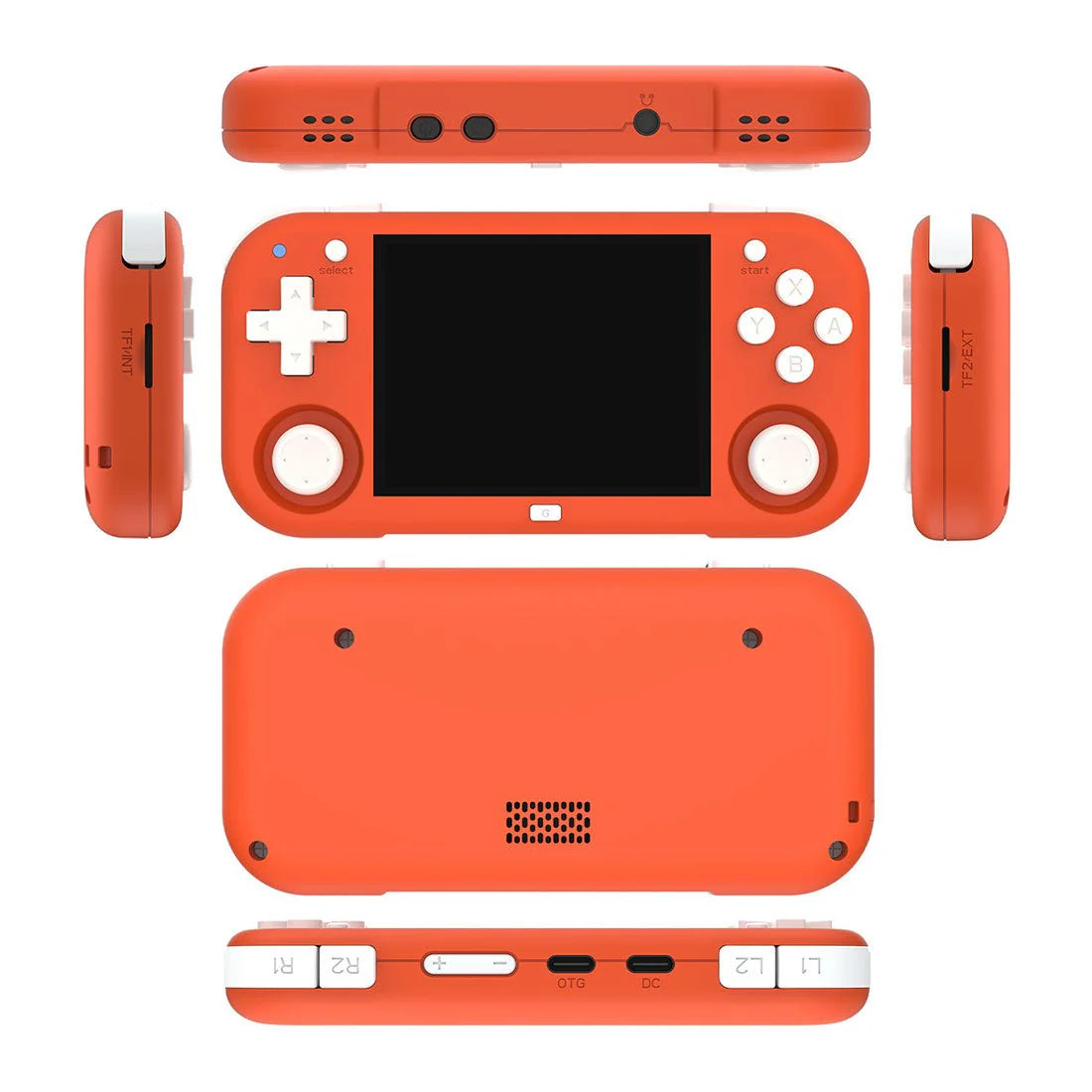 Orange gaming console with multiple views on a white background