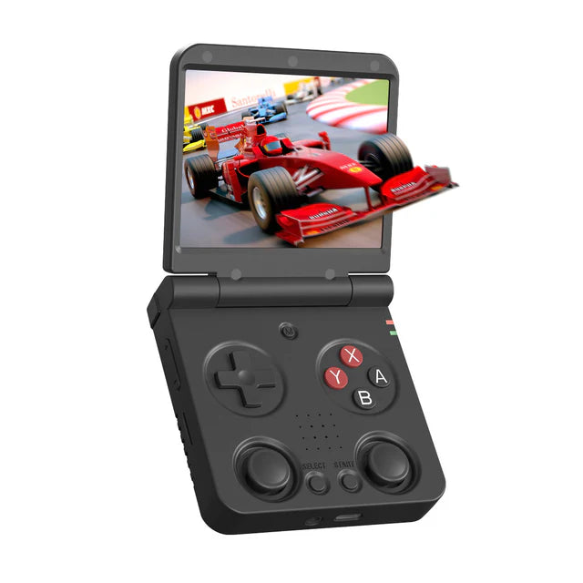 Black handheld gaming device with a screen displaying a racing game on a white background