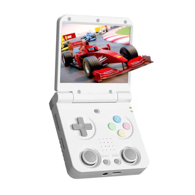 White handheld gaming console with screen displaying a racing game on a white background