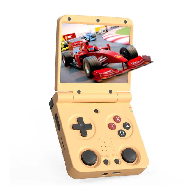 Handheld gaming console with a screen displaying a racing game on a white background