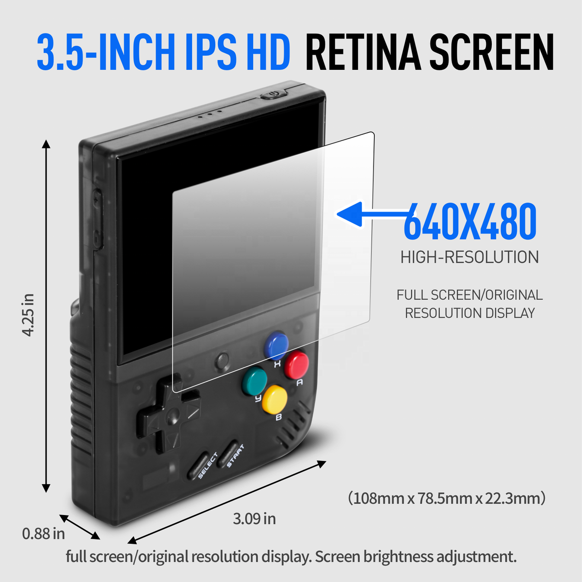 Handheld gaming console with a 3.5-inch IPS HD retina screen and dimensions displayed.