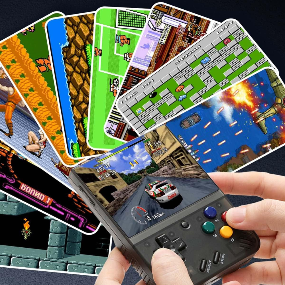 Handheld gaming console displaying classic games with a person holding it.