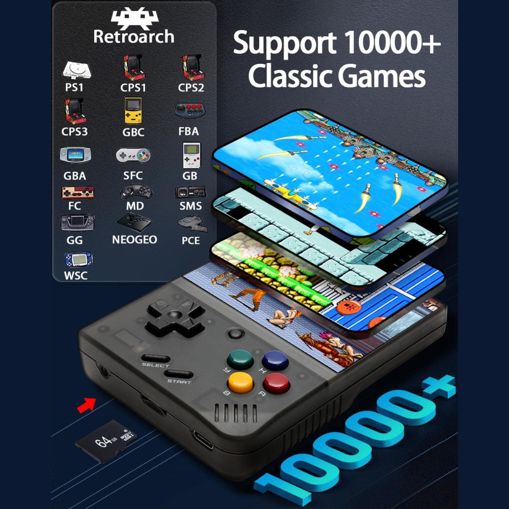 Handheld gaming console with screen displaying games, surrounded by logos and text about game support.
