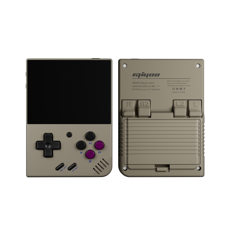 Handheld gaming console with front and back views on a white background
