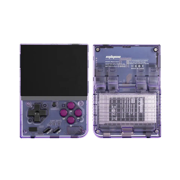 Purple handheld gaming console with back cover removed on a white background