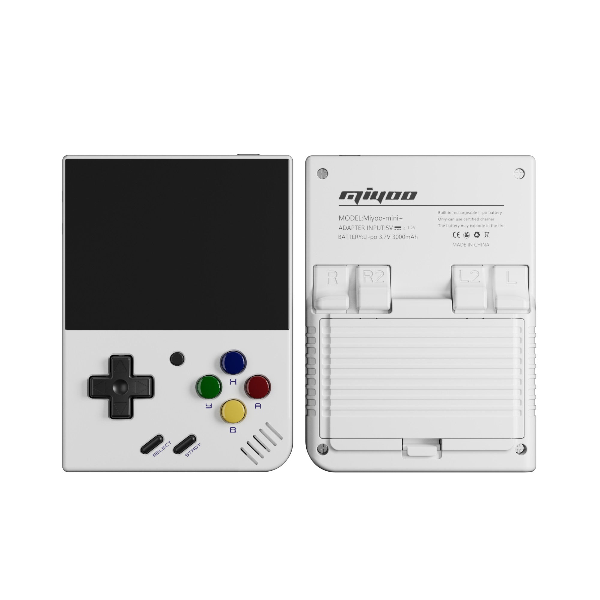 Small handheld gaming console with miyoo branding on a white background