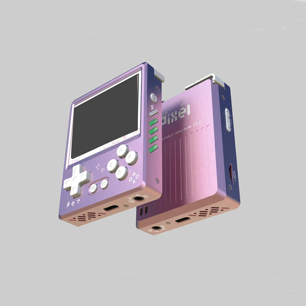Pink handheld gaming console with screen and control buttons on a gray background
