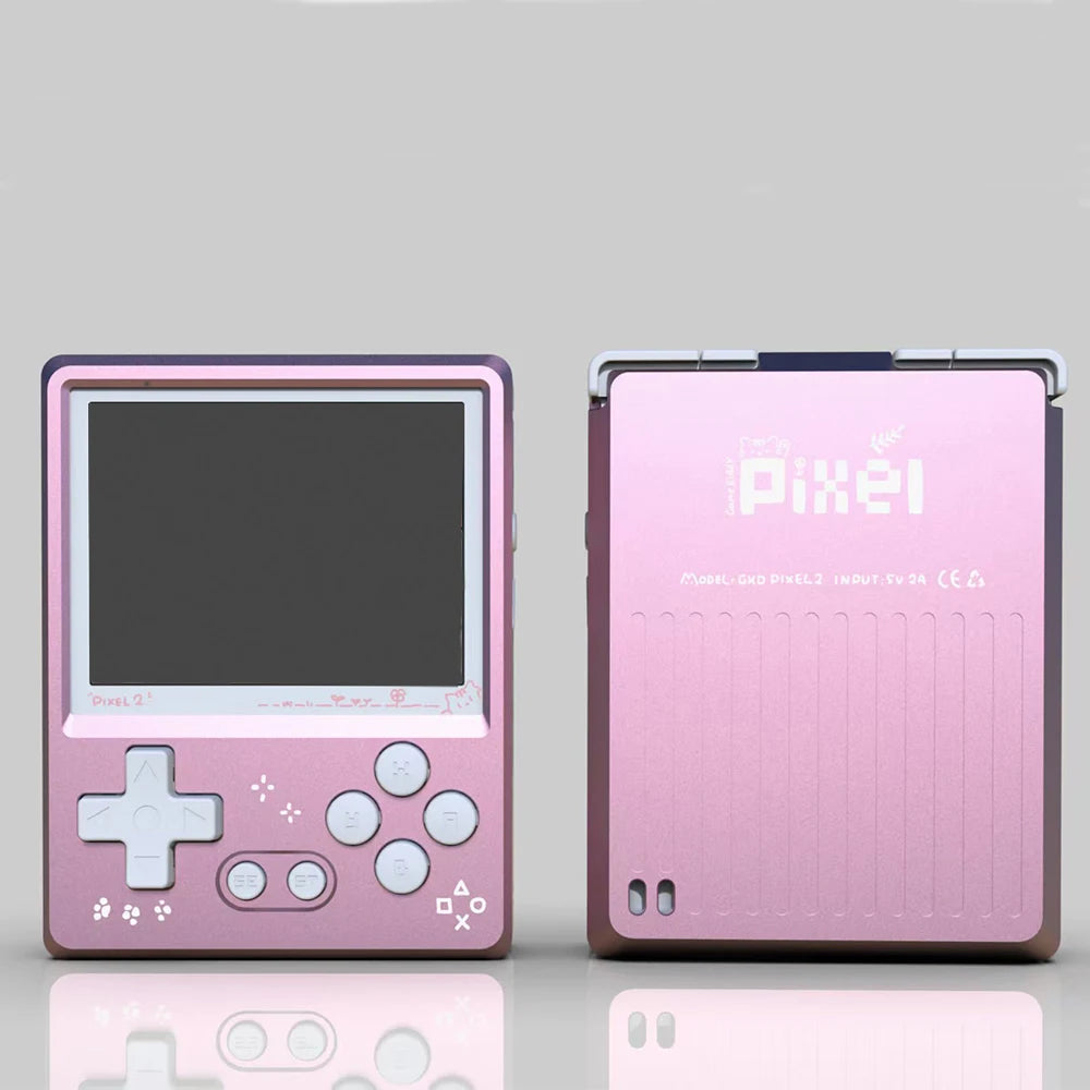 Pink handheld gaming console with 'Pixel' branding on a gray background