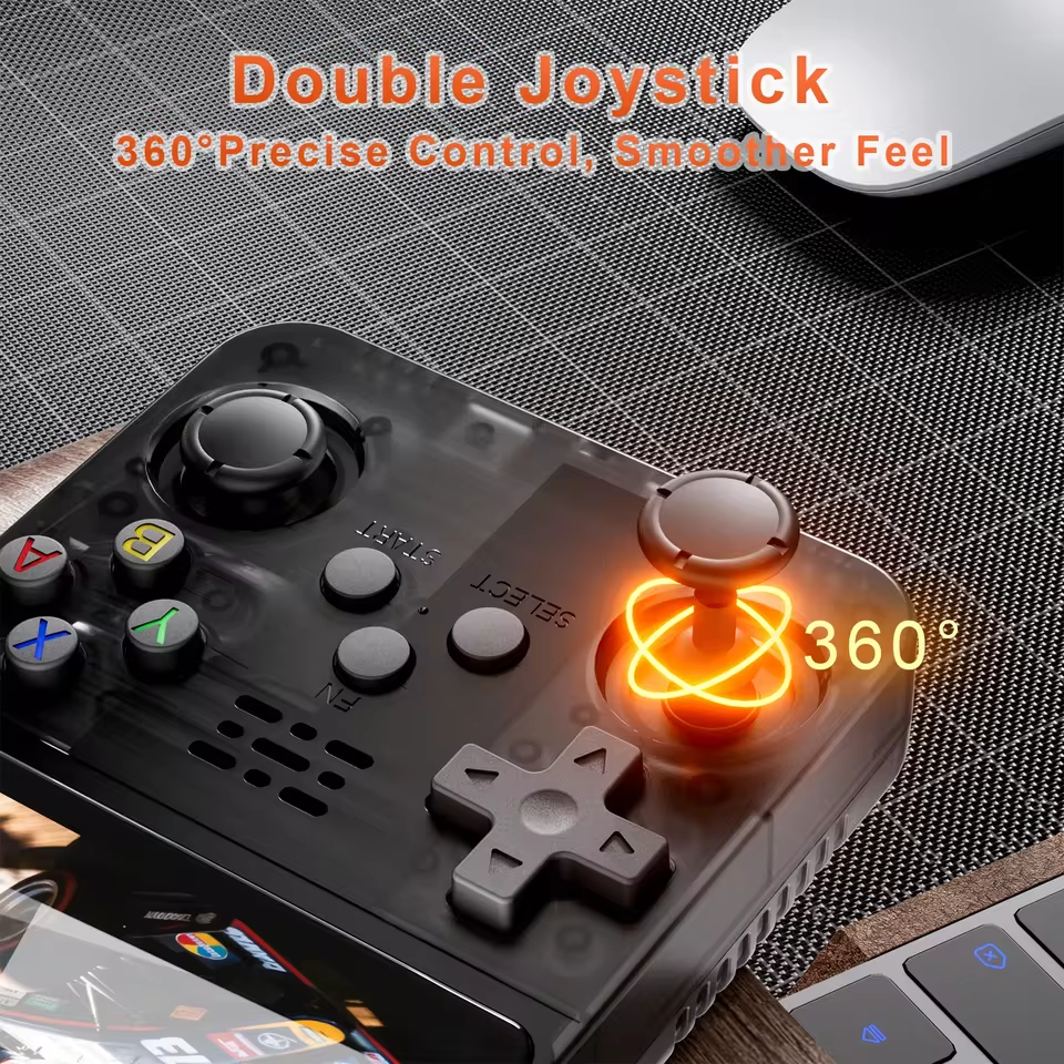 Double joystick controller with glowing '360' on a textured surface