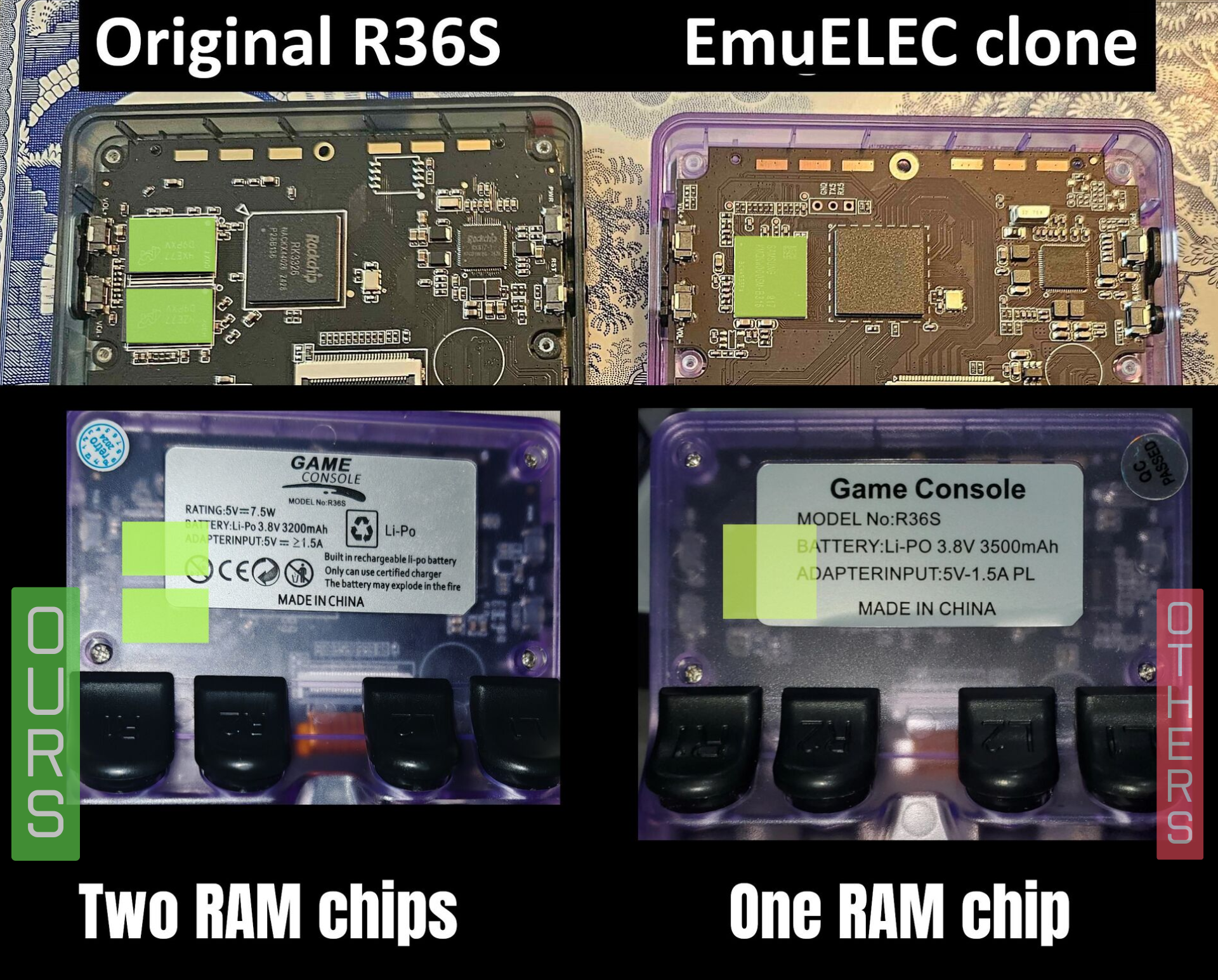 Comparison of Original R36S and EmuELEC clone game consoles with visible differences in RAM chips.
