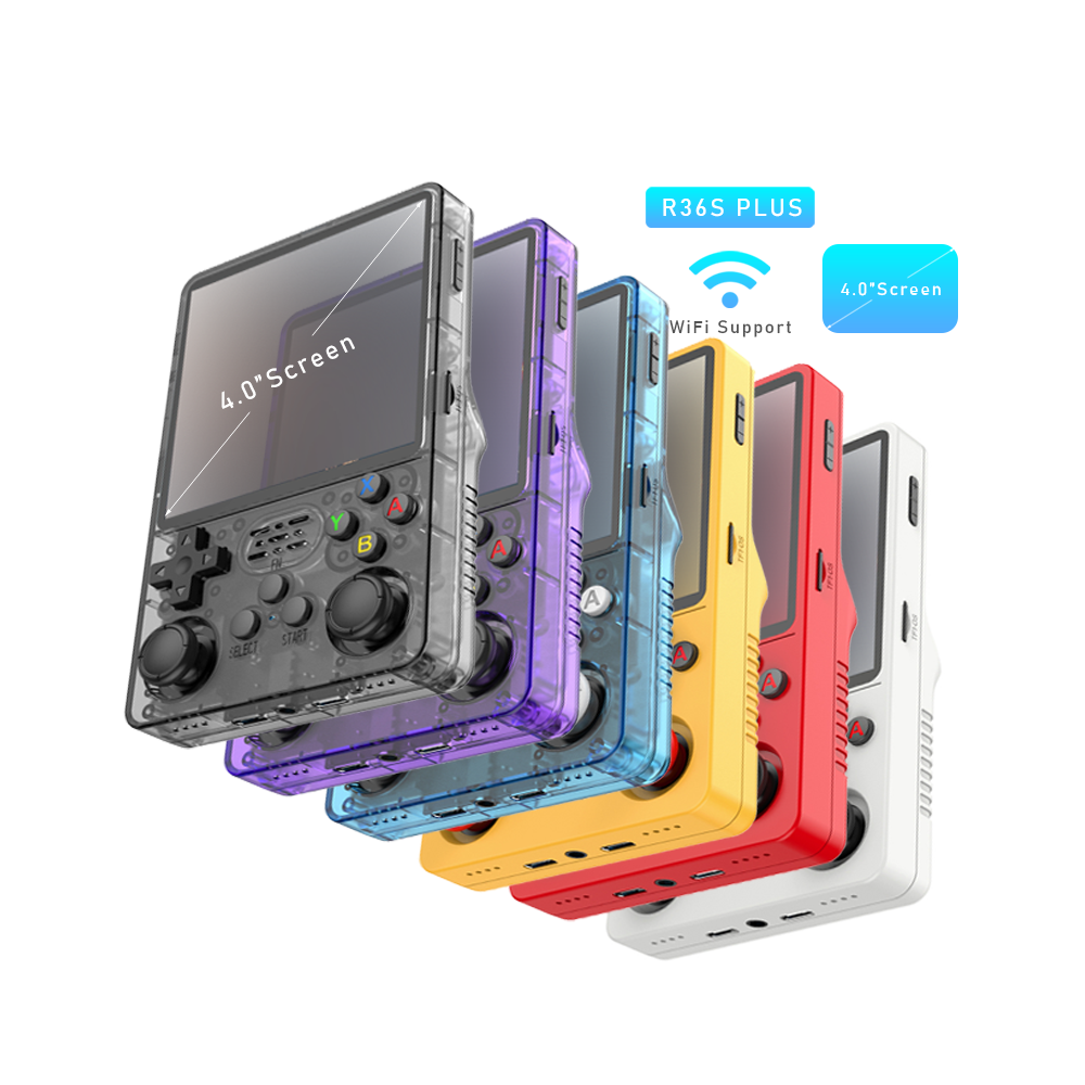 Stack of colorful handheld gaming consoles with R36S Plus branding on a white background