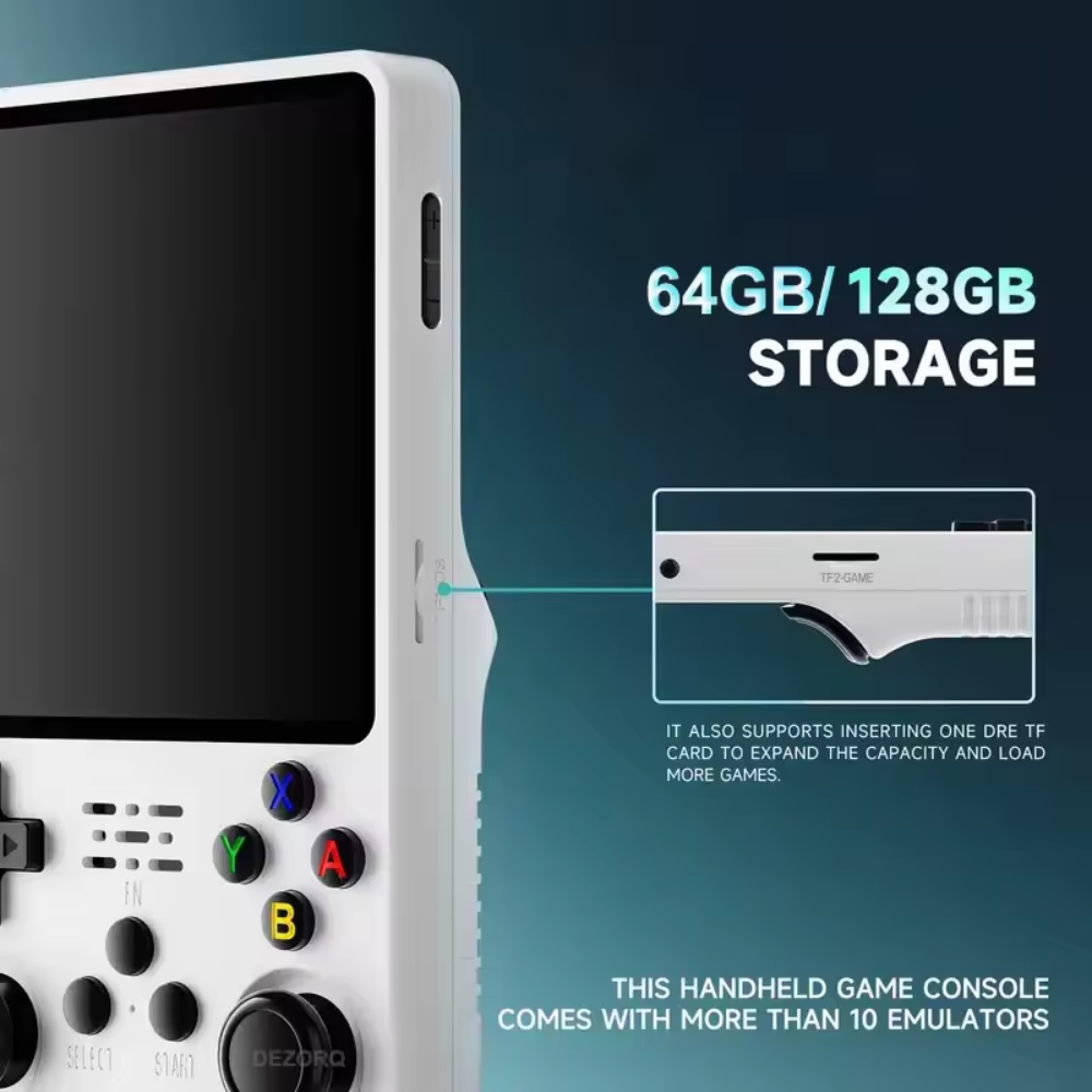 Handheld game console with 64GB/128GB storage capacity on a blue gradient background