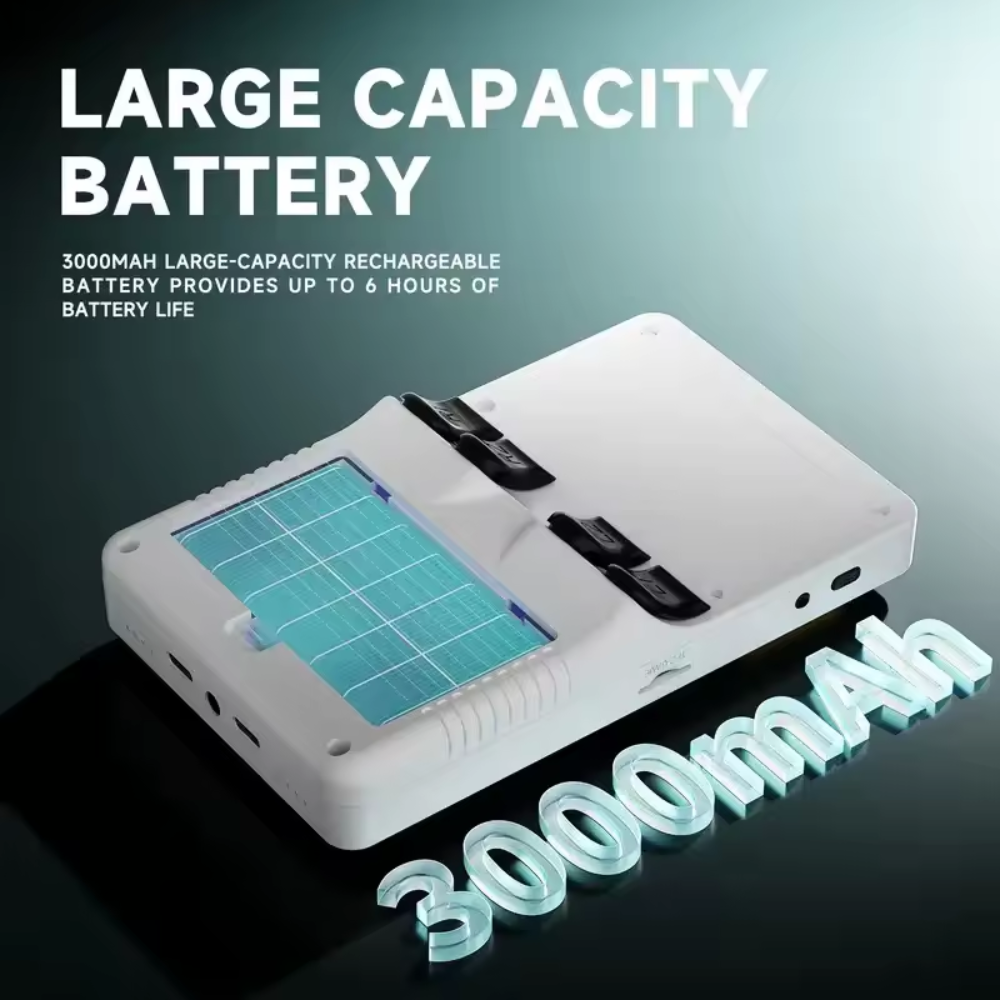 Large capacity battery pack with solar panel and text on a dark background