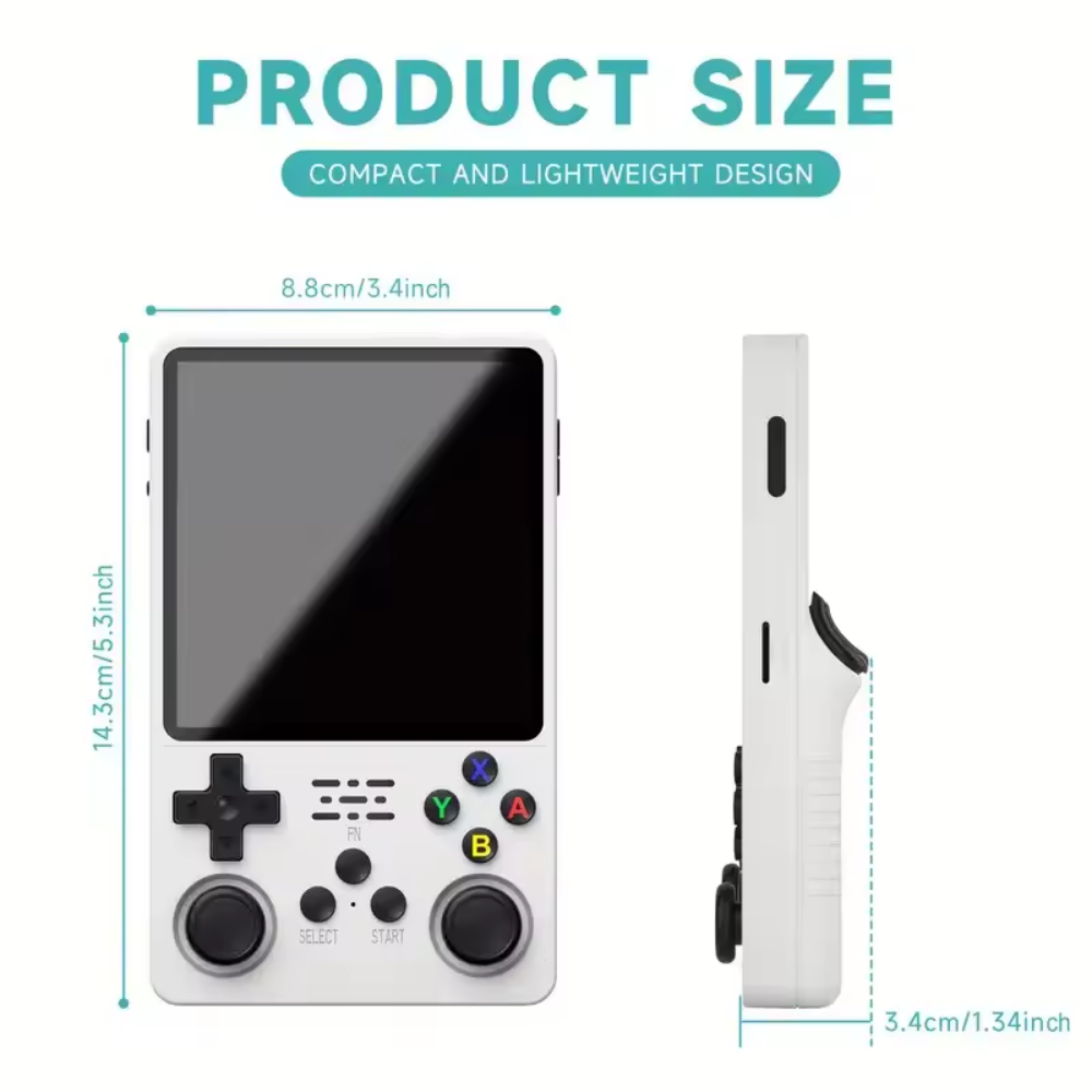 Compact handheld gaming device with dimensions displayed on a white background