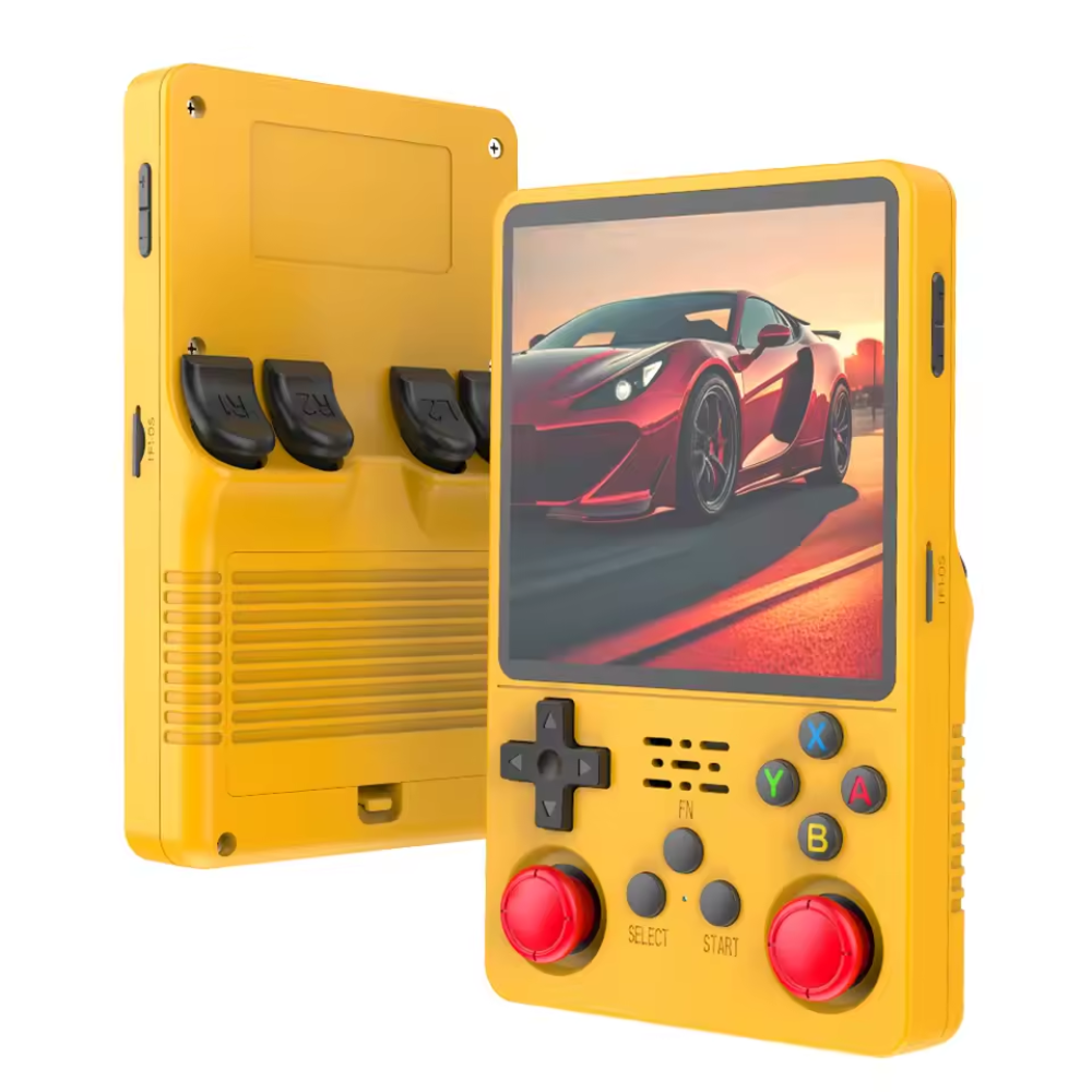 Yellow handheld gaming console with screen displaying a car game on a white background