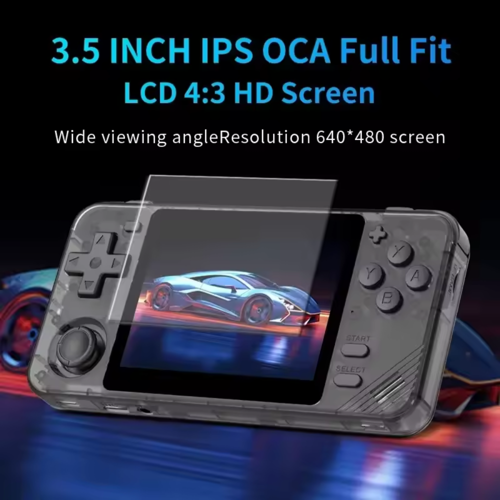 Handheld gaming console with a transparent screen protector displaying a car on the screen, against a dark background.