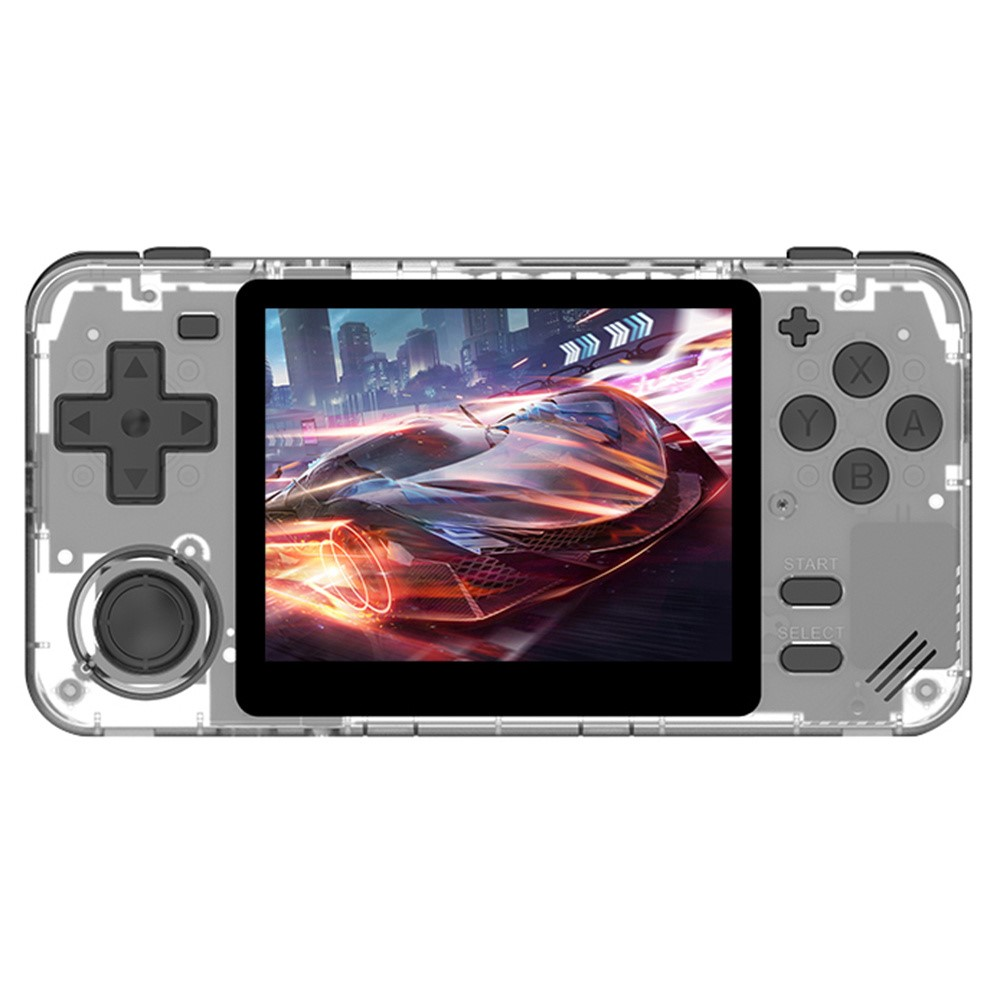Handheld gaming console with transparent casing displaying a racing game on screen.