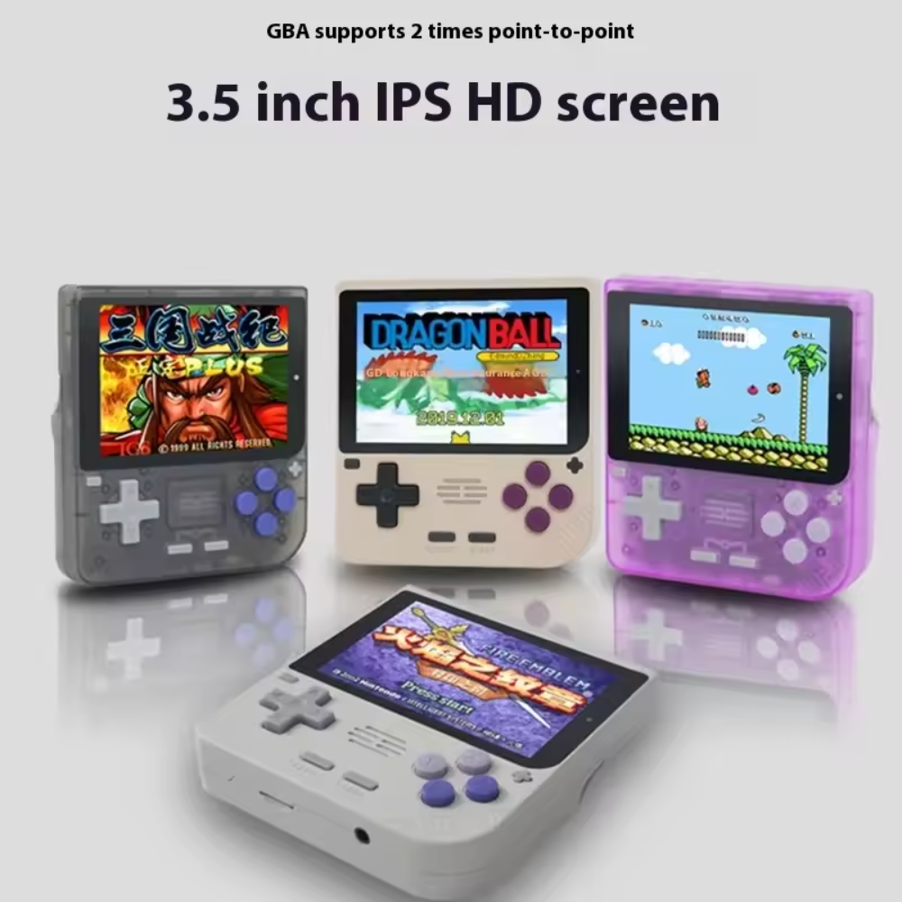 Four handheld gaming consoles with screens displaying different games on a white background.