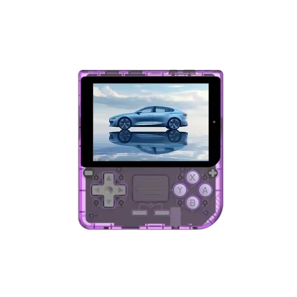 Handheld gaming console with a purple case displaying an image of a car on a screen.