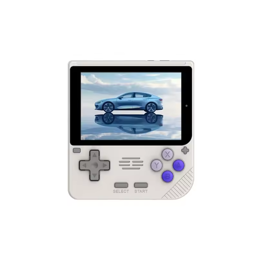 Handheld gaming console with a screen displaying a car on a white background