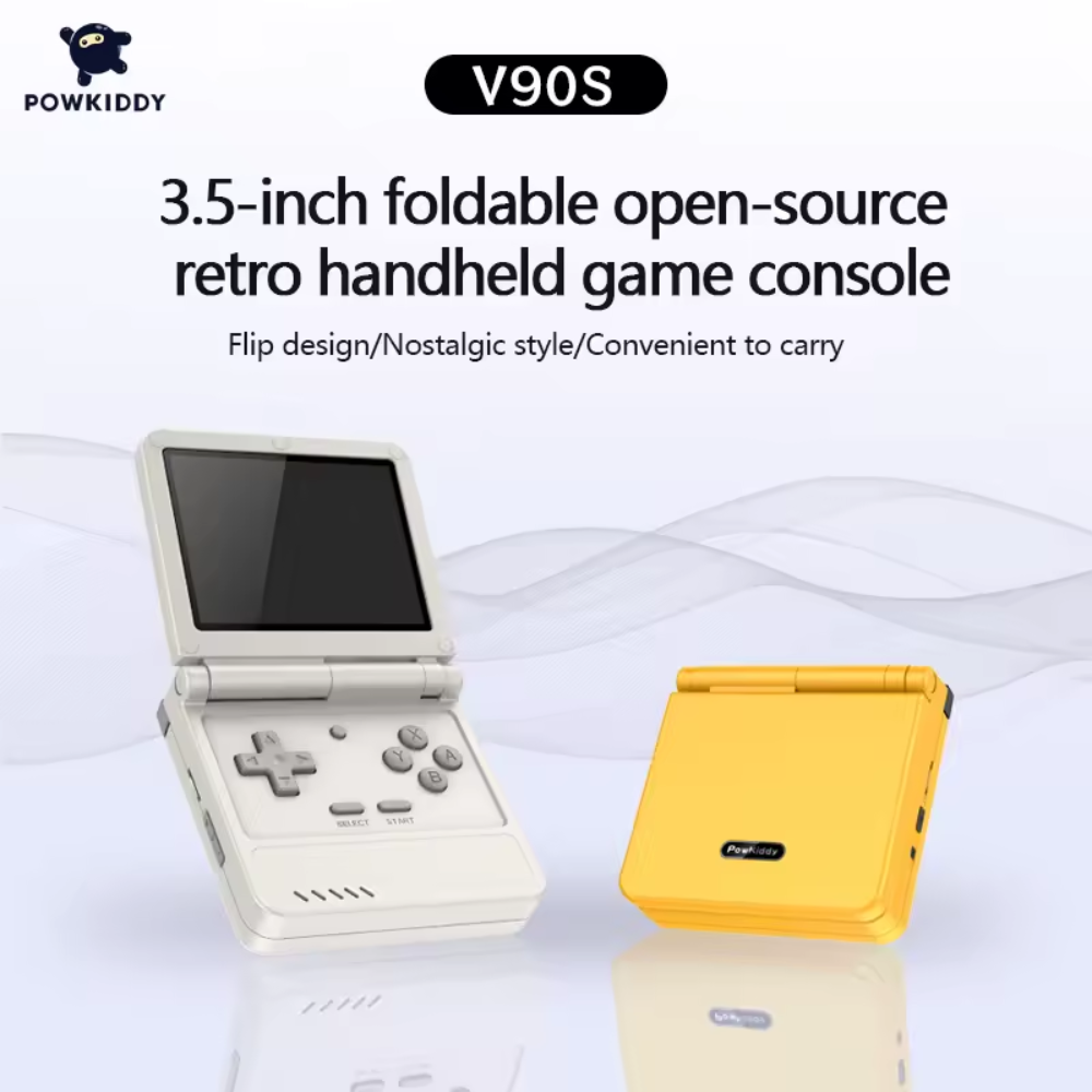 3.5-inch foldable open-source retro handheld game console with Powkiddy branding on a white background.