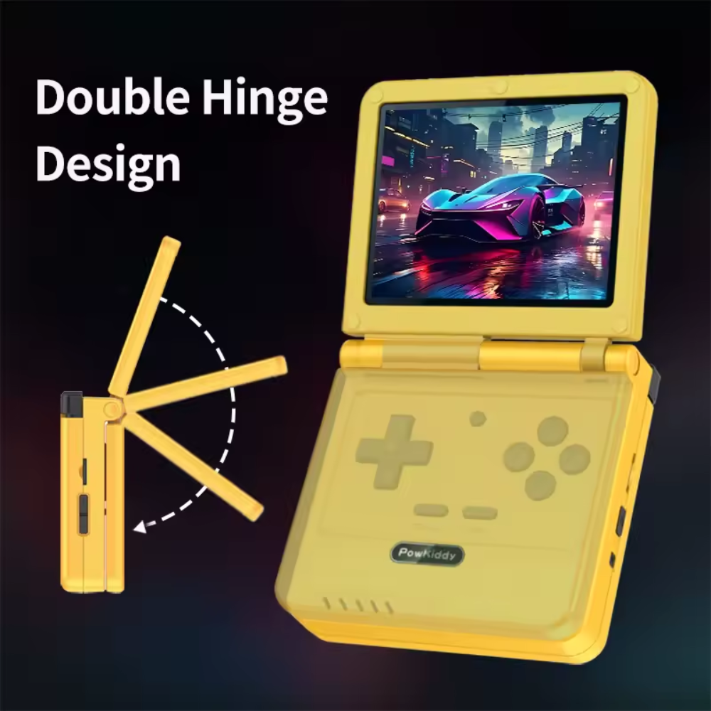 Yellow portable gaming device with double hinge design on a dark background