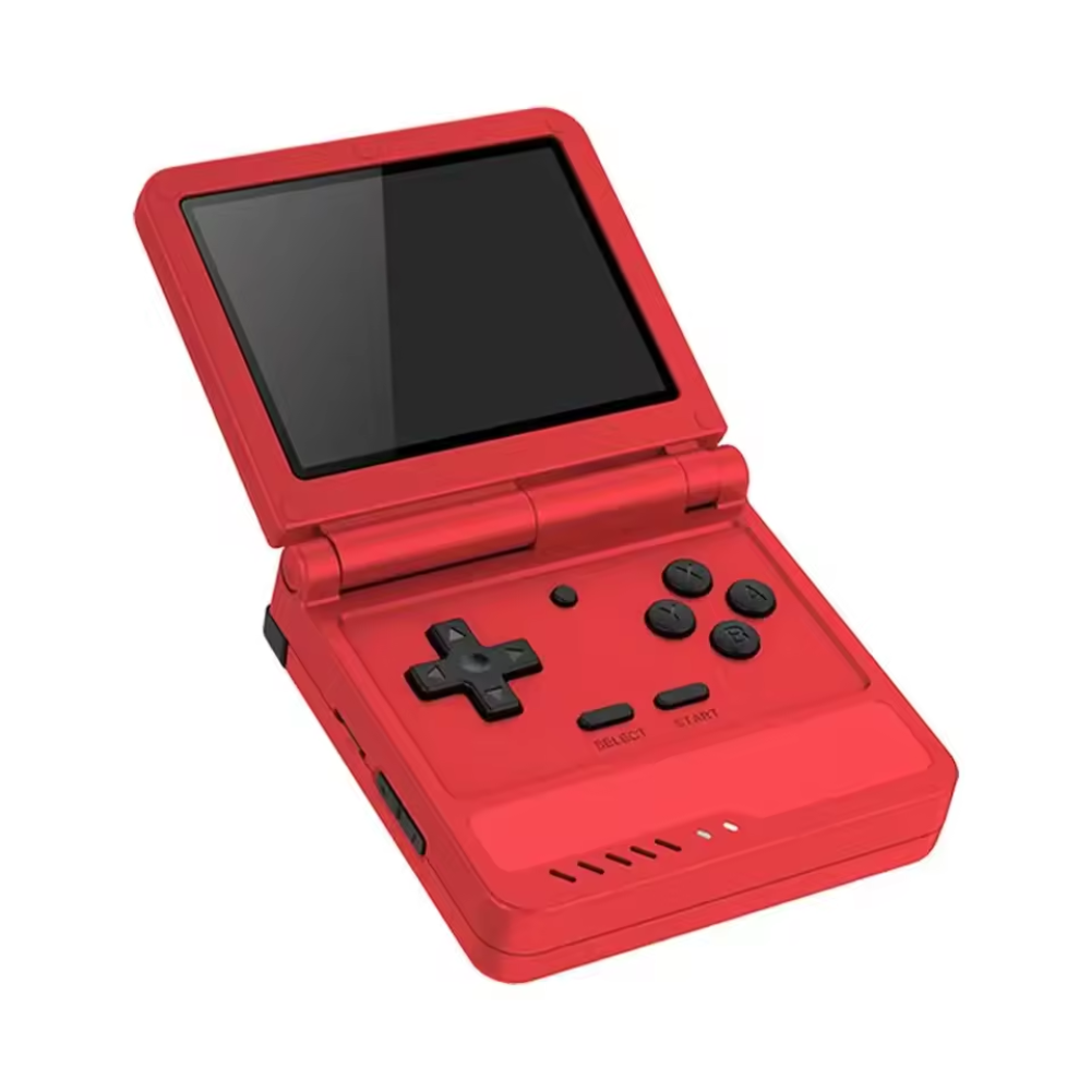 Red handheld gaming console with a screen and control buttons on a white background