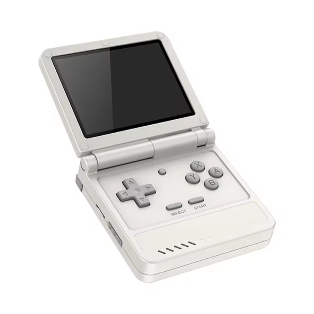 White handheld gaming console with screen and control buttons on a white background