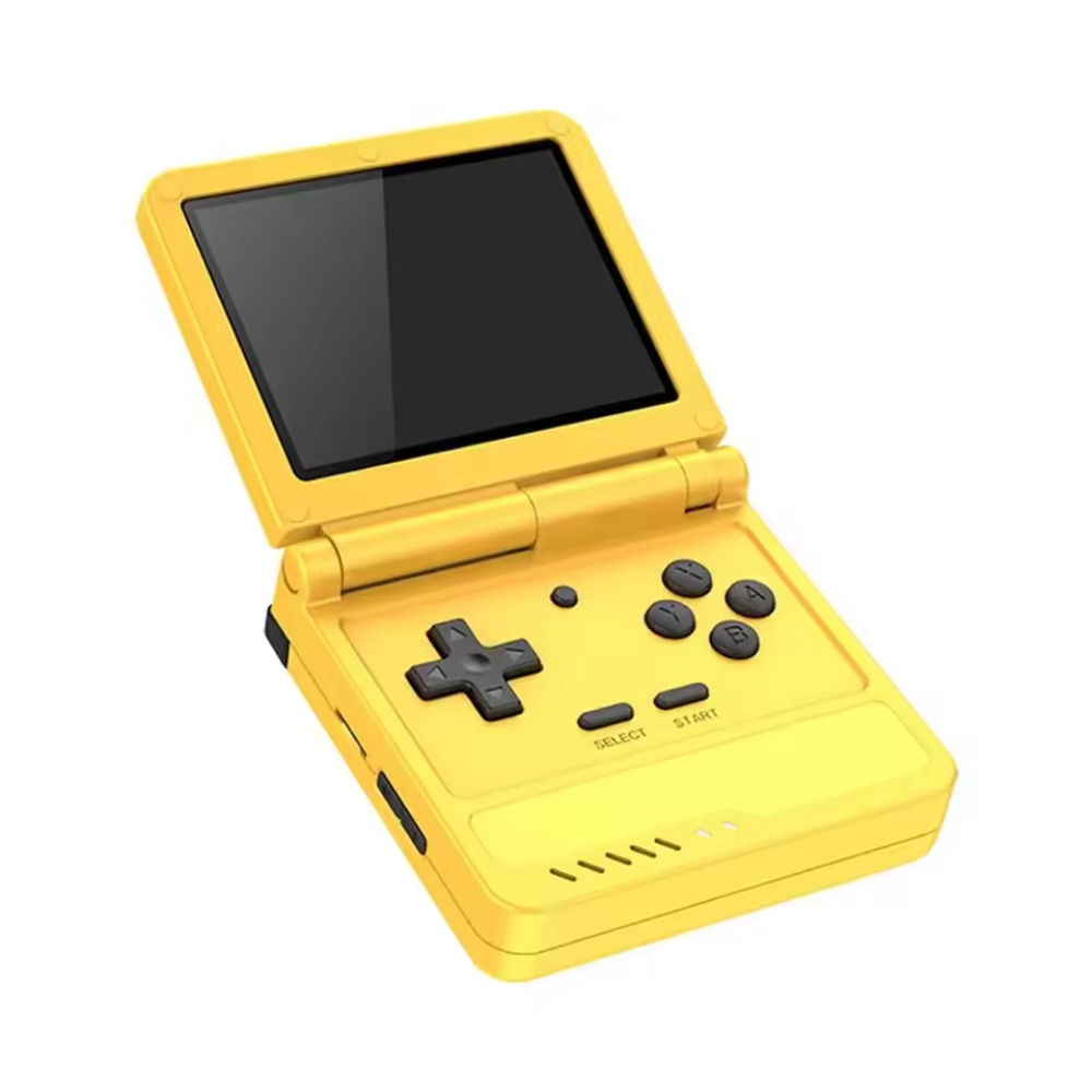 Yellow handheld gaming console with screen and control buttons on a white background
