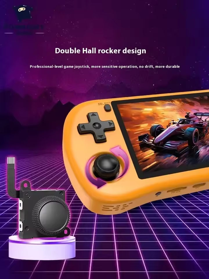Handheld gaming console with double hall rocker design on a retro grid background
