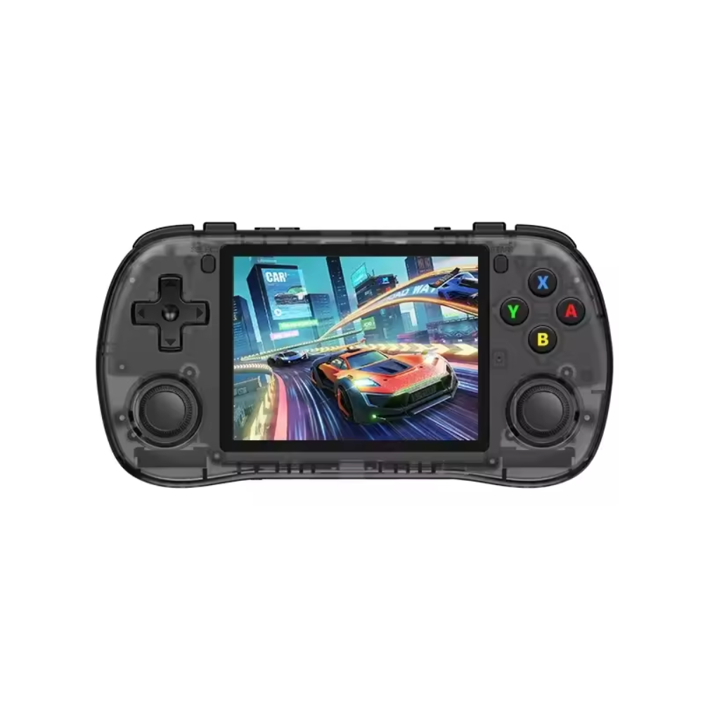 Handheld gaming console with a screen displaying a racing game on a white background