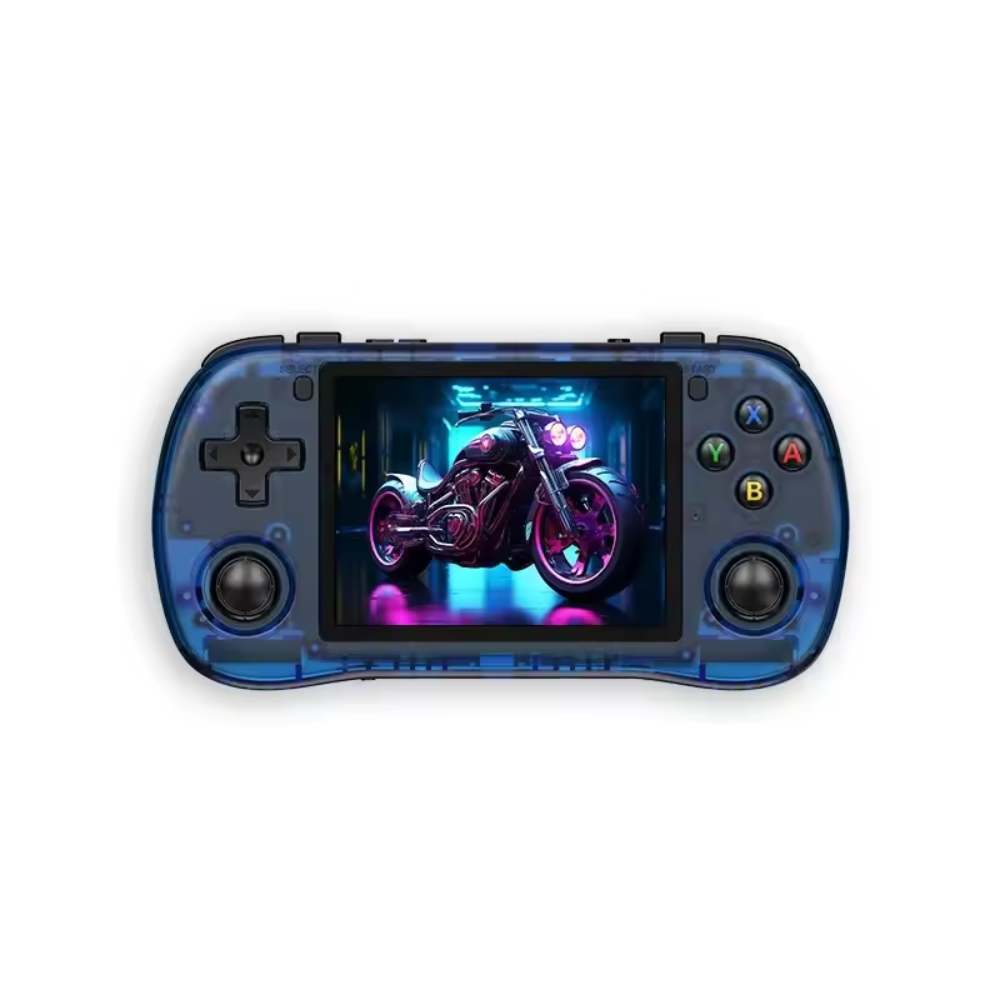Handheld gaming console with a motorcycle game displayed on the screen, on a white background