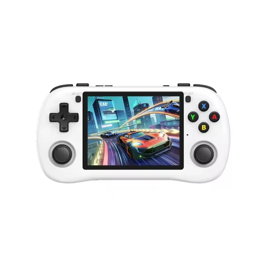 White gaming controller with screen displaying a racing game on a white background