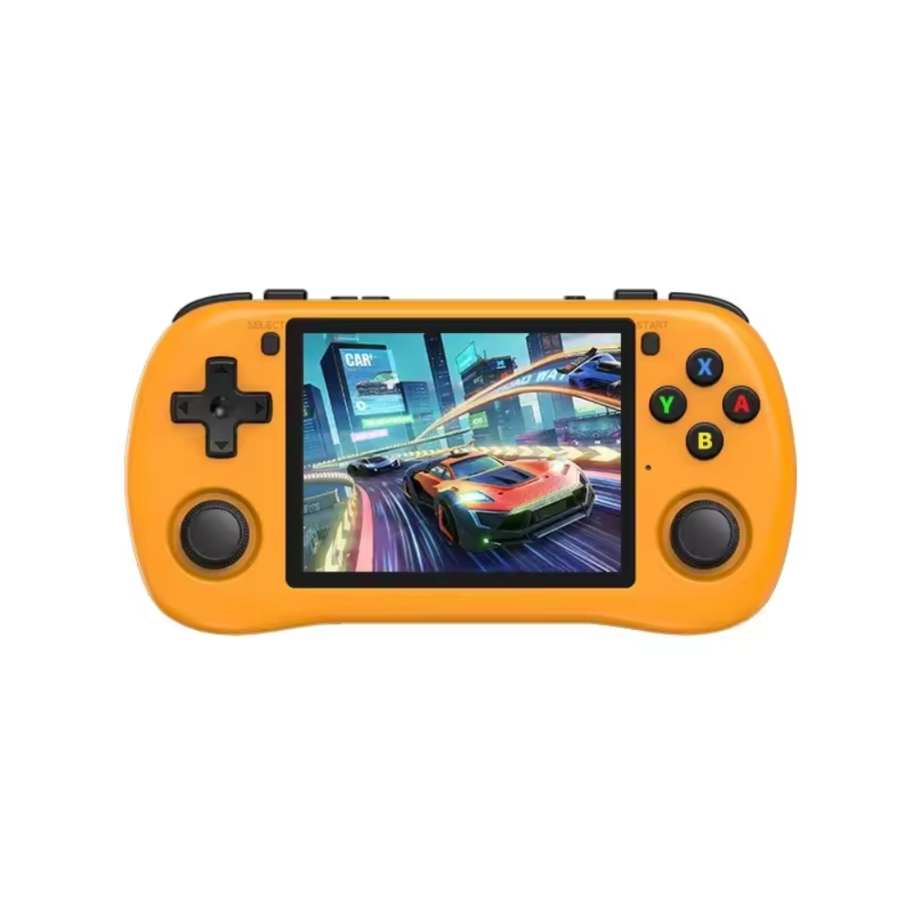 Orange handheld gaming console with screen displaying a racing game on a white background