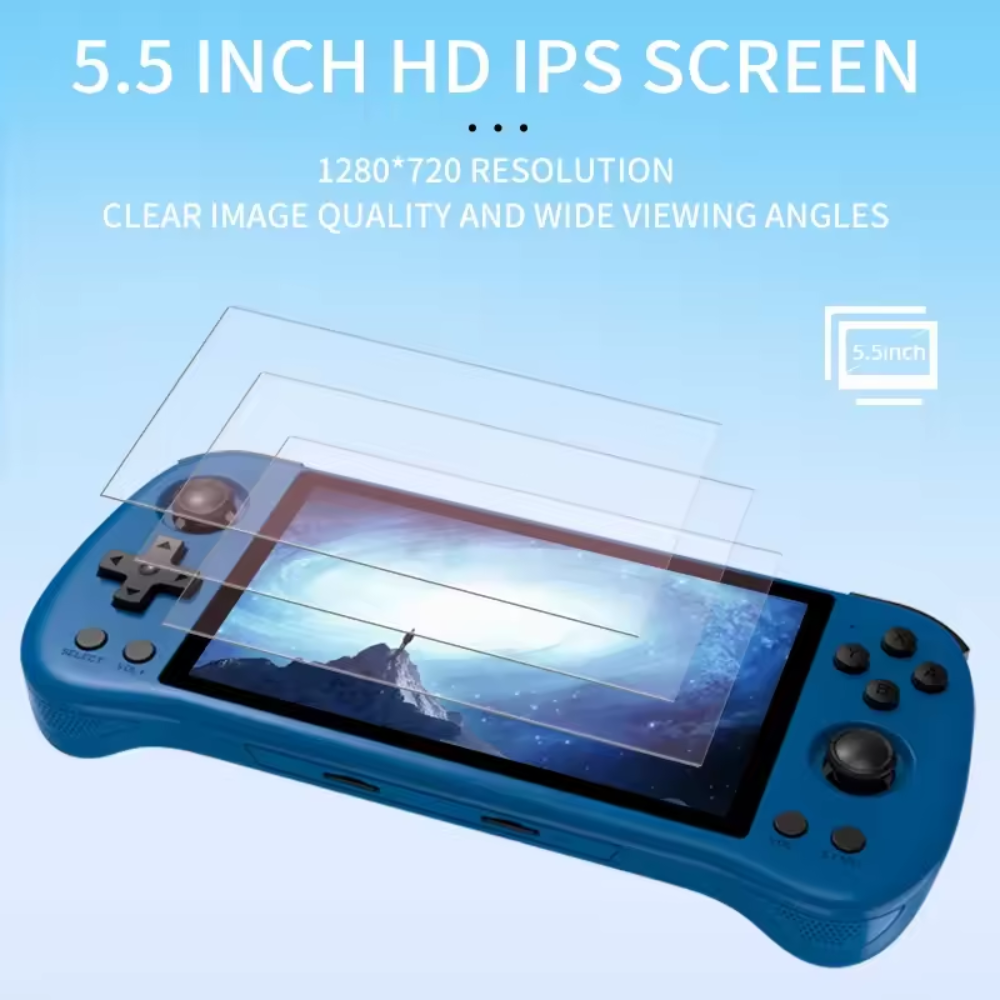 Blue handheld gaming console with a screen protector on a light blue background