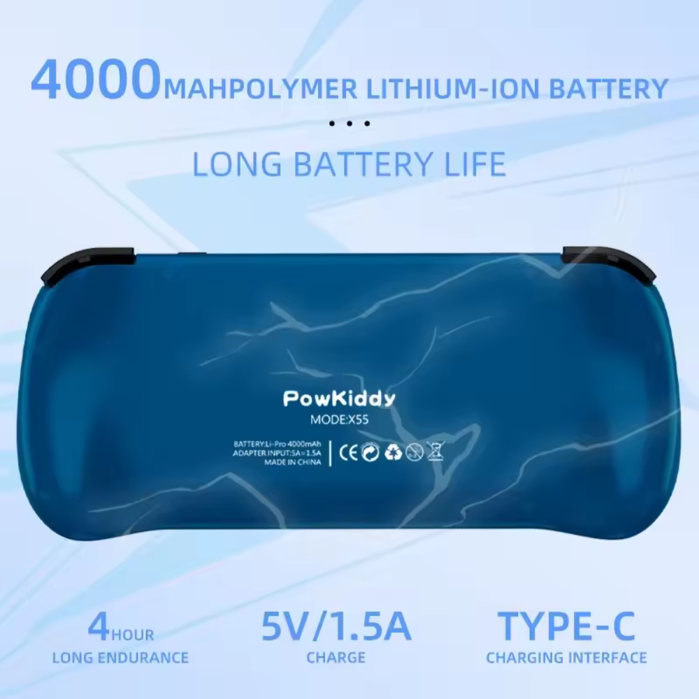 Blue lithium-ion battery with PowKiddy branding on a light blue background