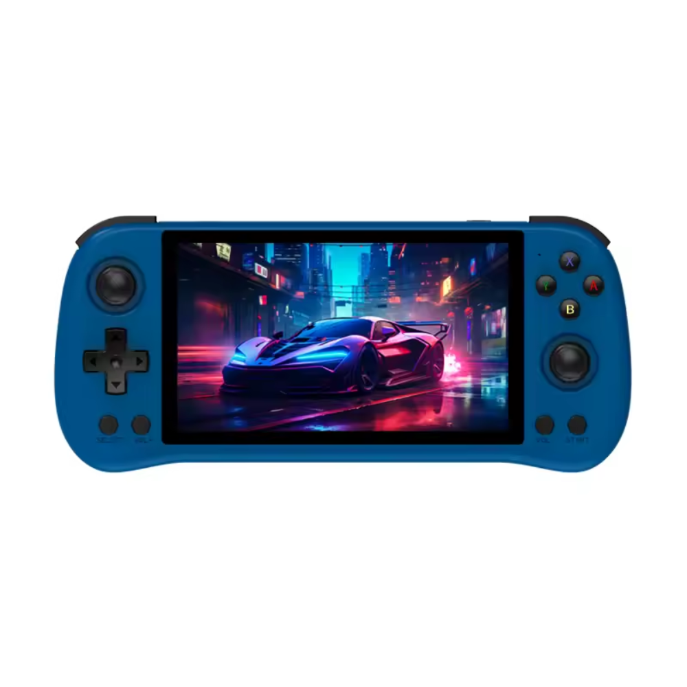 Blue handheld gaming console with a screen displaying a car in a neon-lit cityscape.