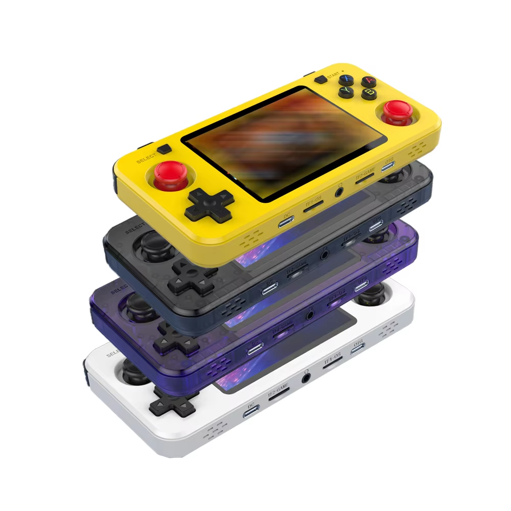 Stack of colorful handheld gaming consoles on a white background