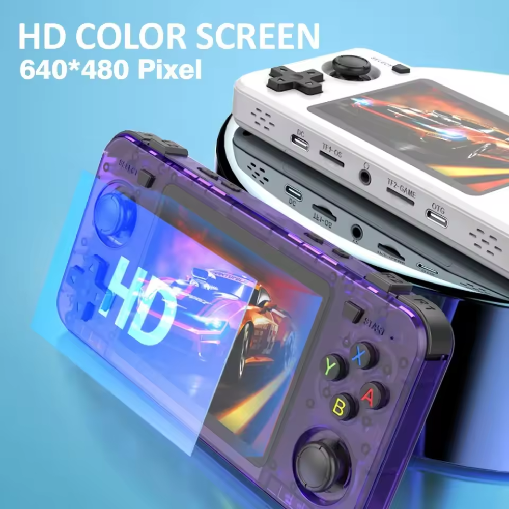 Handheld gaming console with purple screen and colorful display on a blue background