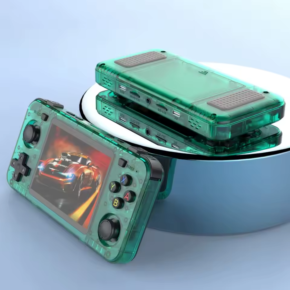 Green handheld gaming console on a reflective surface with a light blue background