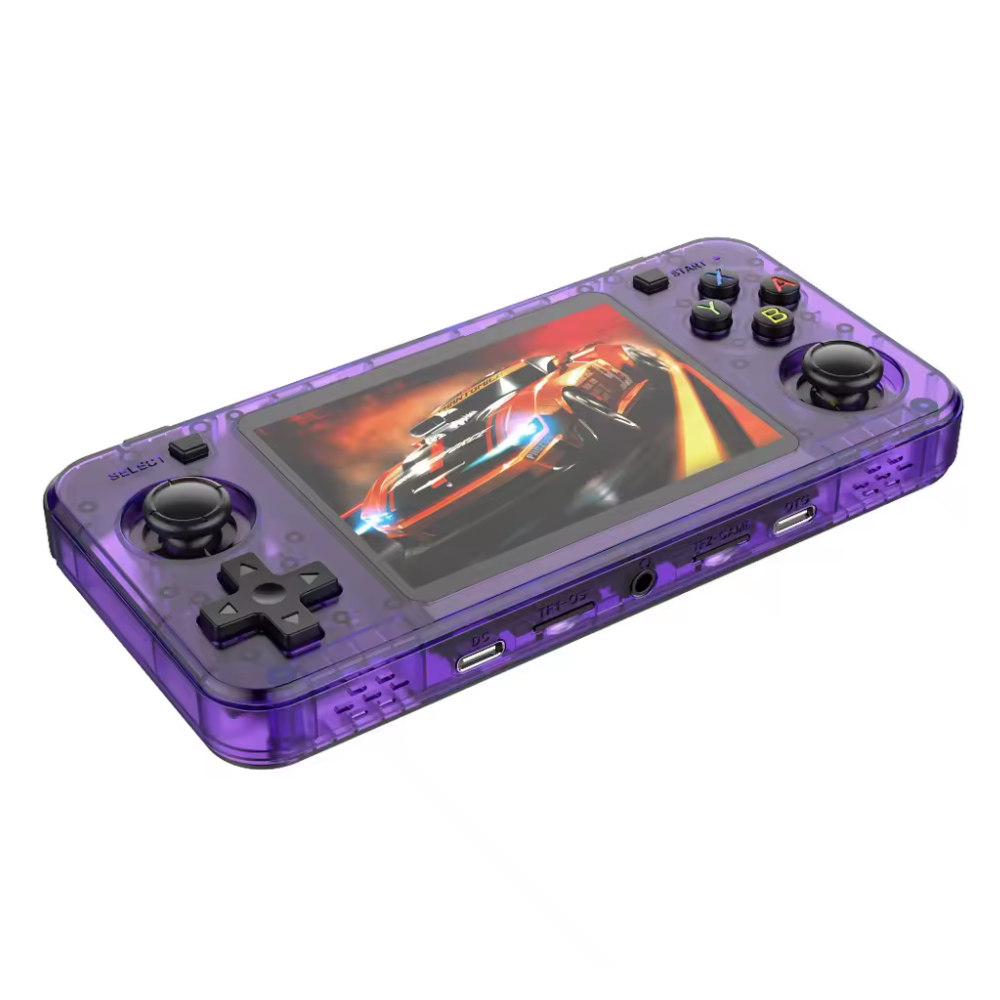 Handheld gaming console with transparent purple casing on a white background