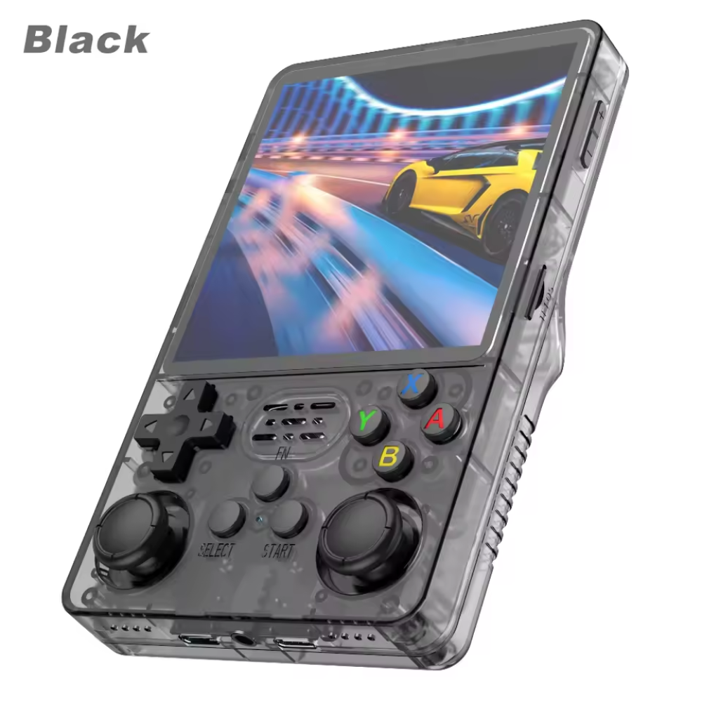 Black transparent Handheld gaming console with a screen displaying a racing game on a white background