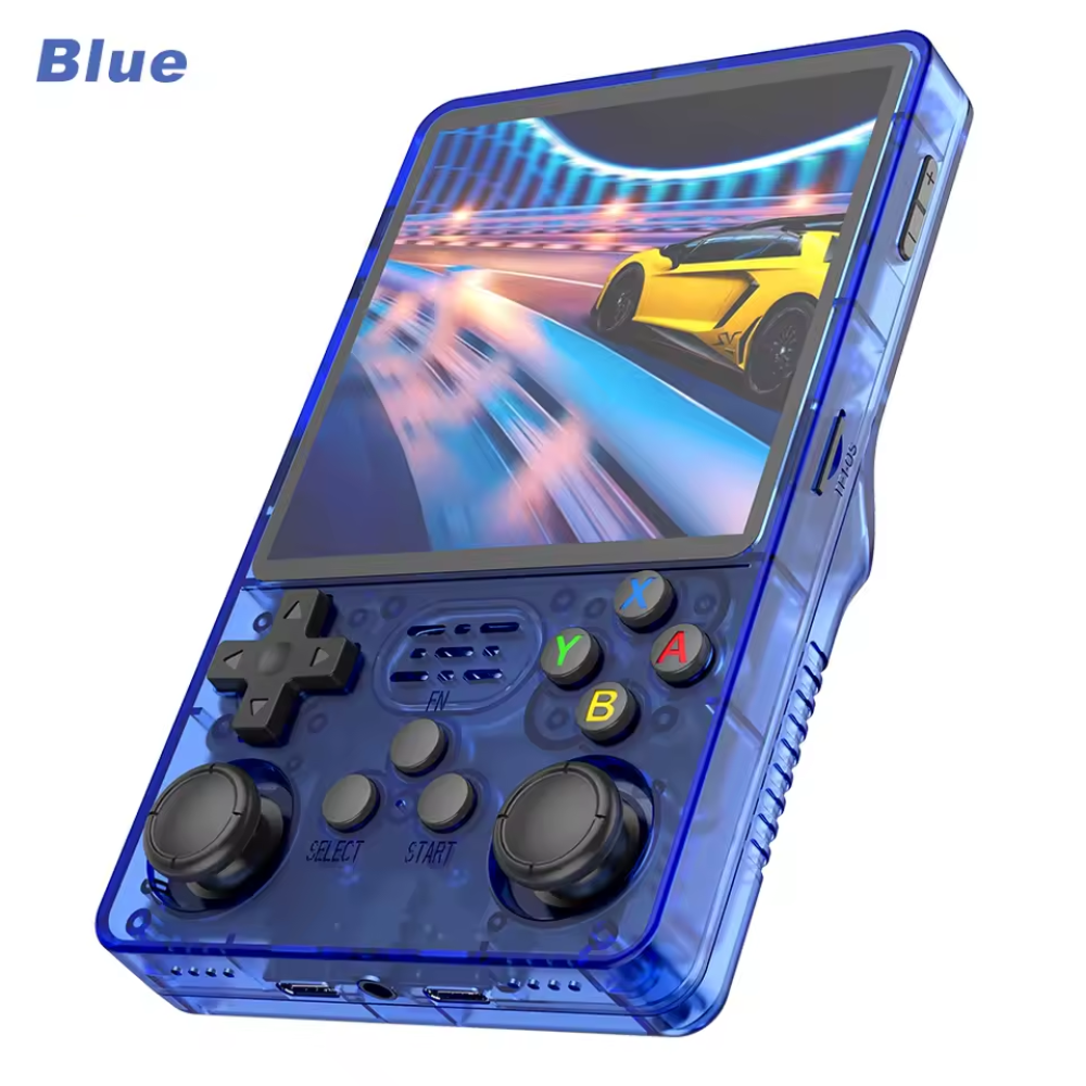 Blue handheld gaming console with screen displaying a racing game on a white background