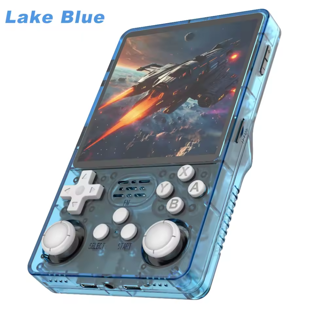 Handheld gaming console with blue casing displaying a space-themed game on screen.