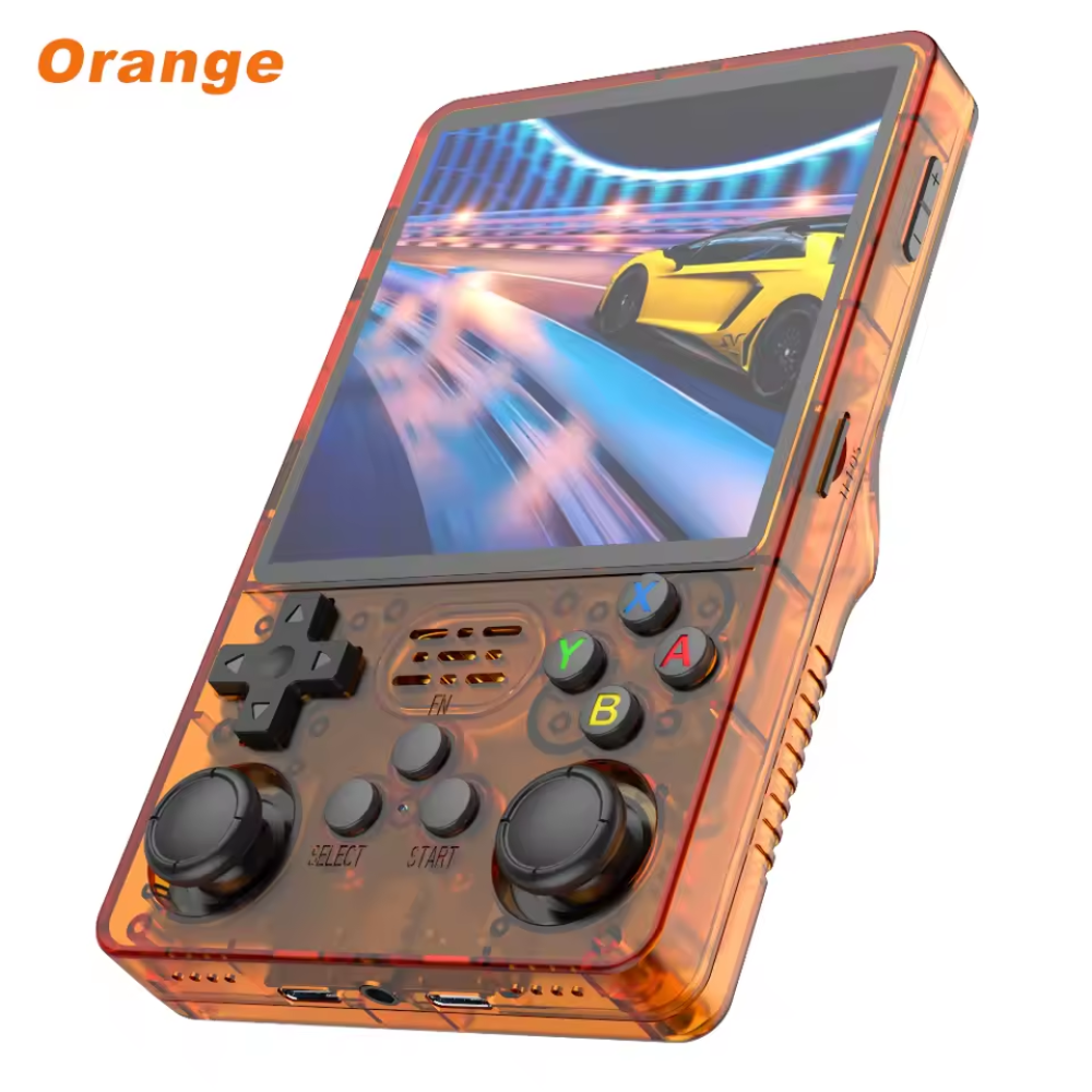 Handheld gaming console with transparent orange casing displaying a racing game on screen.