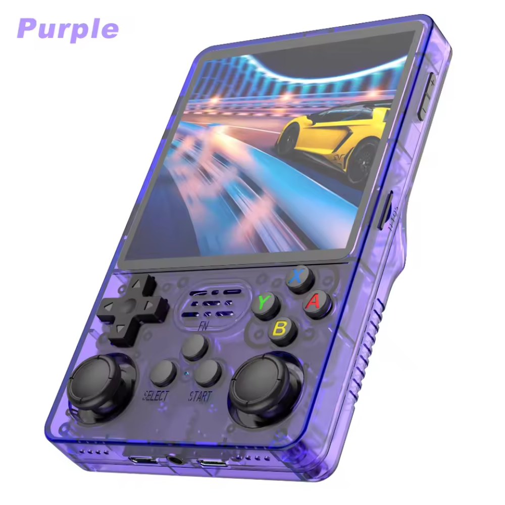 Purple handheld gaming console with screen displaying a racing game on a white background.