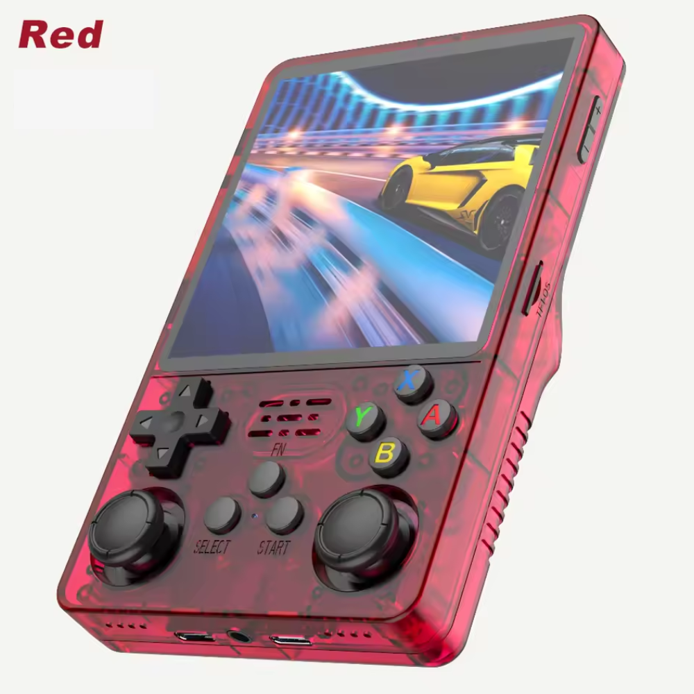 Handheld gaming console with a red transparent casing displaying a racing game on screen.