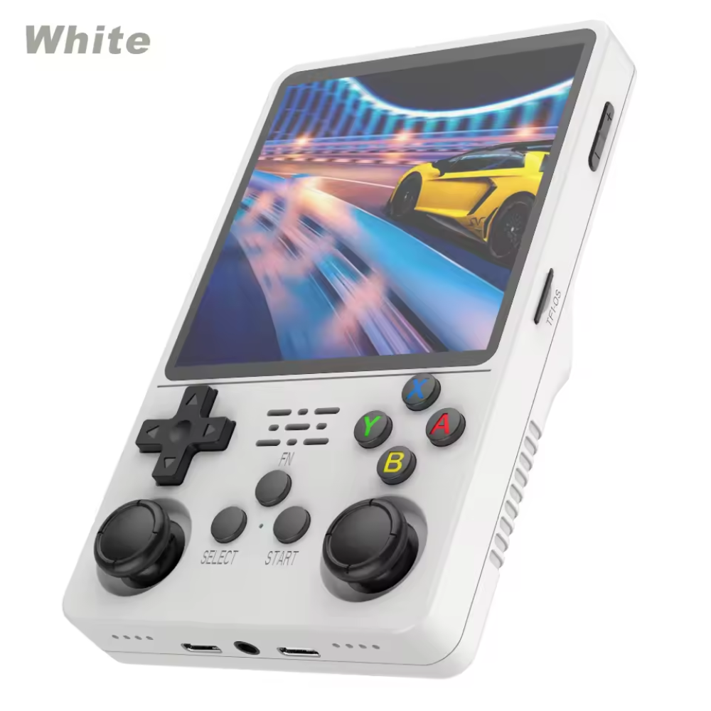 White Handheld gaming console with screen displaying a game, on a white background